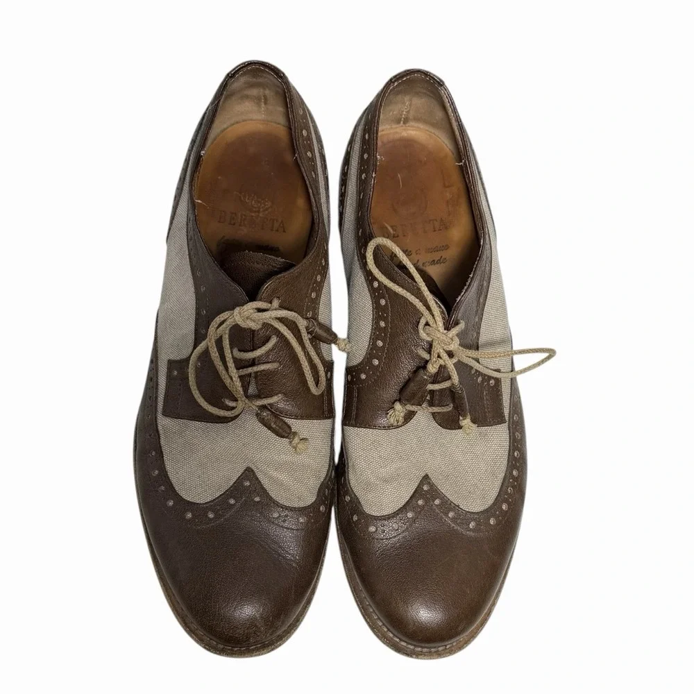 Beretta Mens 42 Brown Leather Canvas Wingtip Oxford Brogue Shoes Made Italy